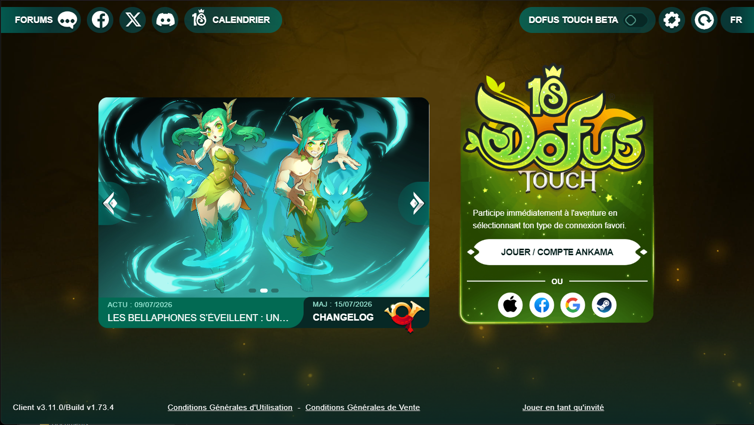 Interface de Retouch : barre de navigation, actualités du jeu et écran de connexion à Dofus Touch